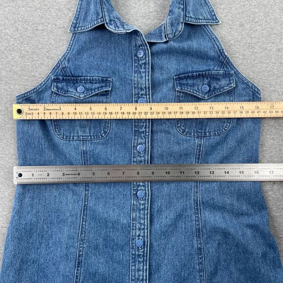 y2k 90s Vintage Denim Halter Midi Dress Size 8P Blue Button-Up Sleeveless Collar - Picture 6 of 15